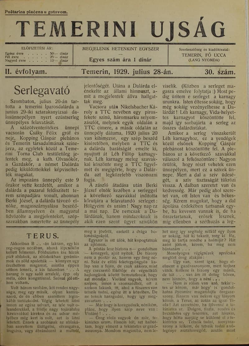 Temerini Újság 1928-1944, 2. évf. 1929. július 28. 30. sz.
