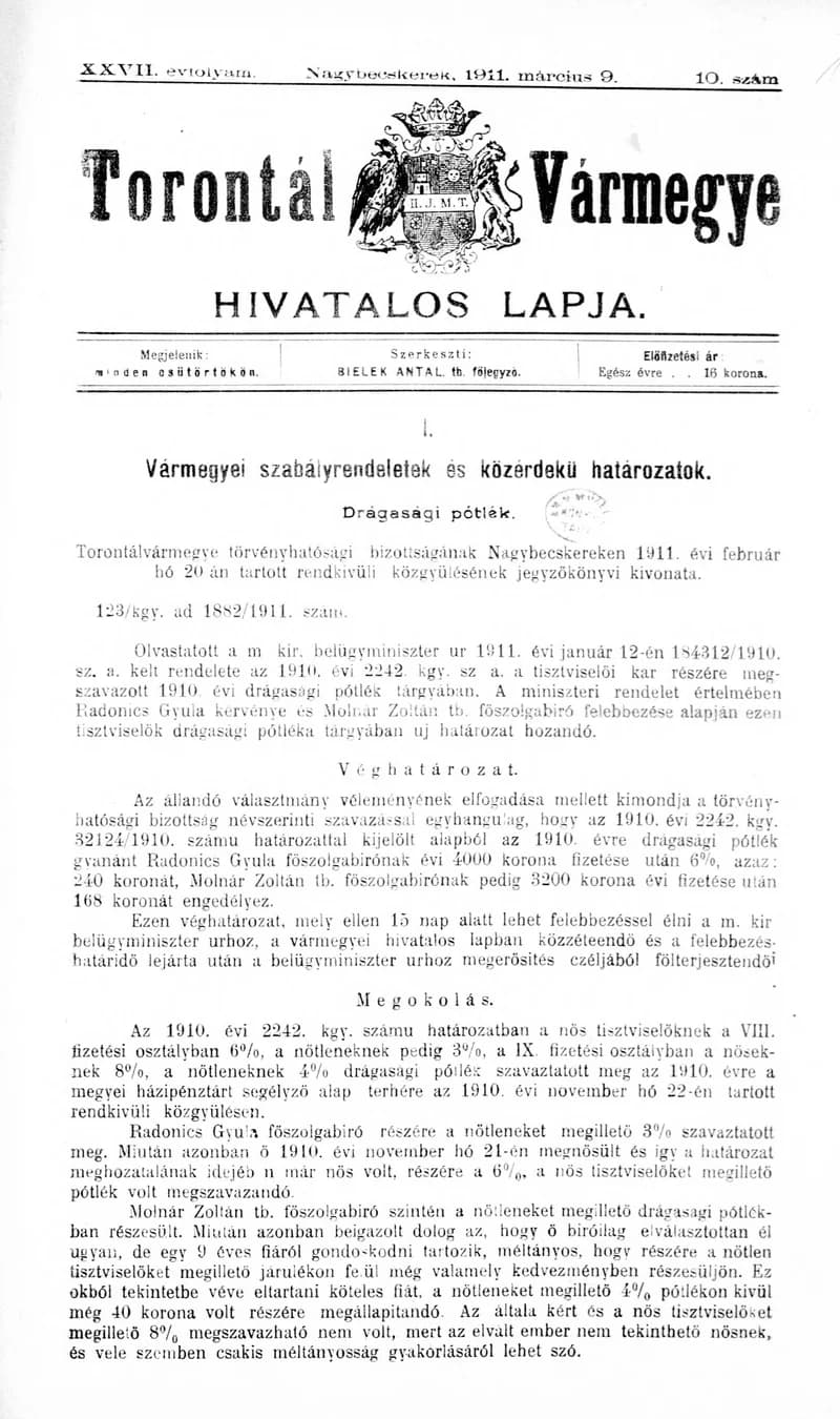 Torontál Vármegye Hivatalos Lapja, 27. évf. 1911. március 9. 10. sz.