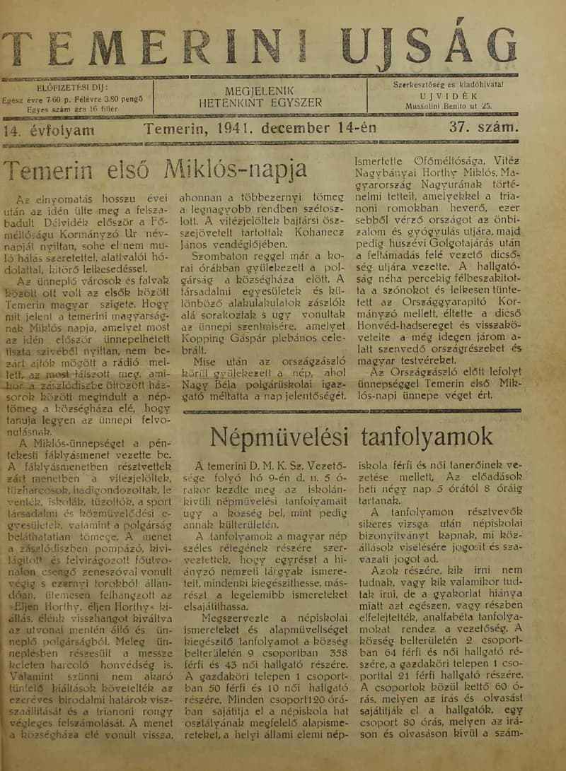 Temerini Újság 1928-1944, 14. évf. 1941. december 14. 37. sz.