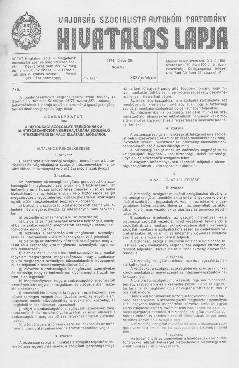 Vajdaság Szocialista Autonóm Tartomány Hivatalos Lapja, 35. évf. 1979. június 26. 15. sz. 825–832. oldal