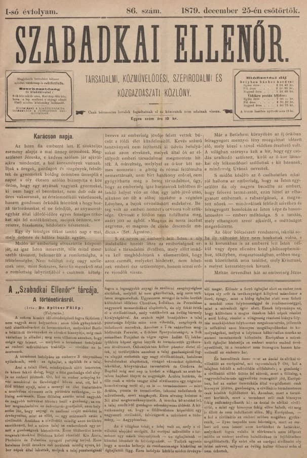 Szabadkai Ellenőr, 1. évf. 1879. december 25. 86. sz.