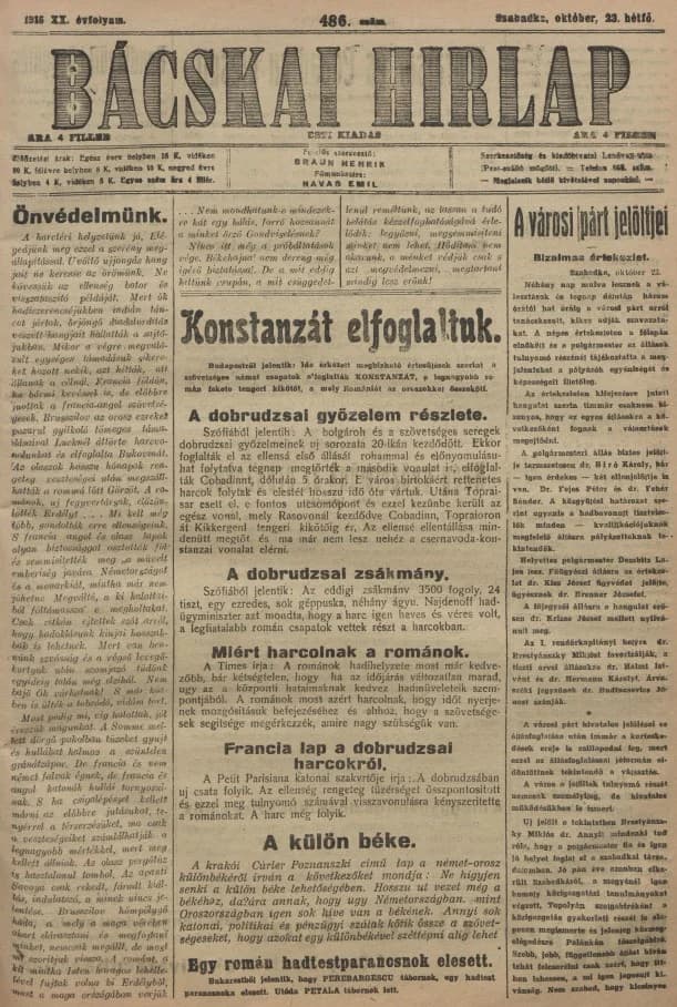 Bácskai Hirlap, 20. évf. 1916. október 23. 486. sz.