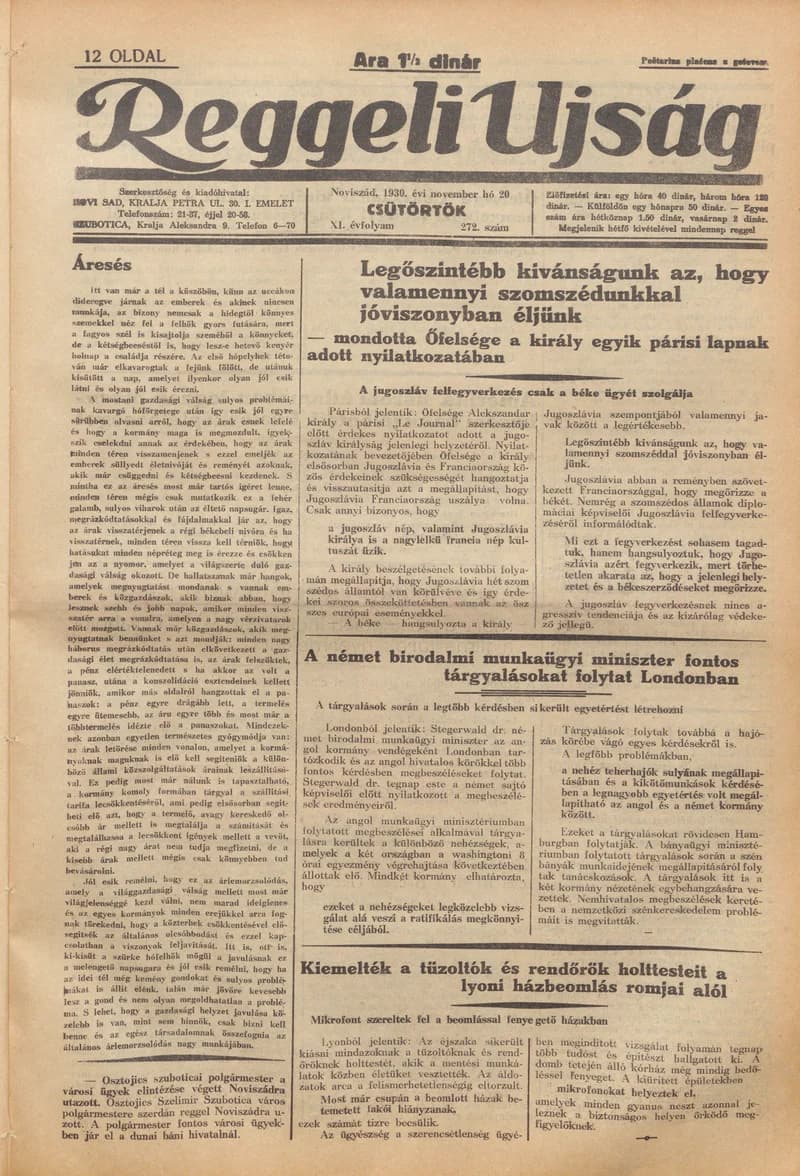 Reggeli Újság, 11. évf. 1930. november 20. 272. sz.