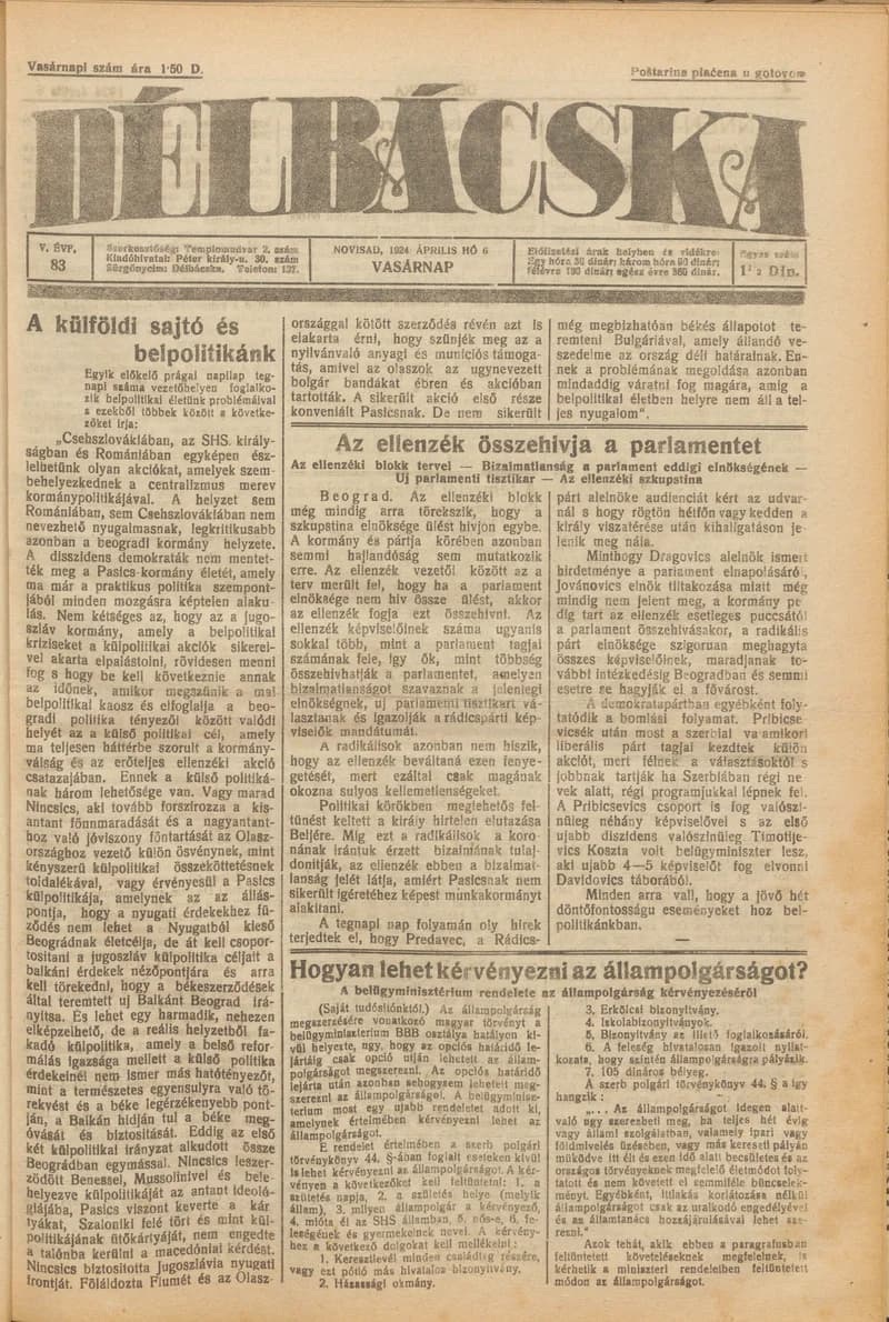 Délbácska, 5. évf. 1924. április 6. 83. sz.