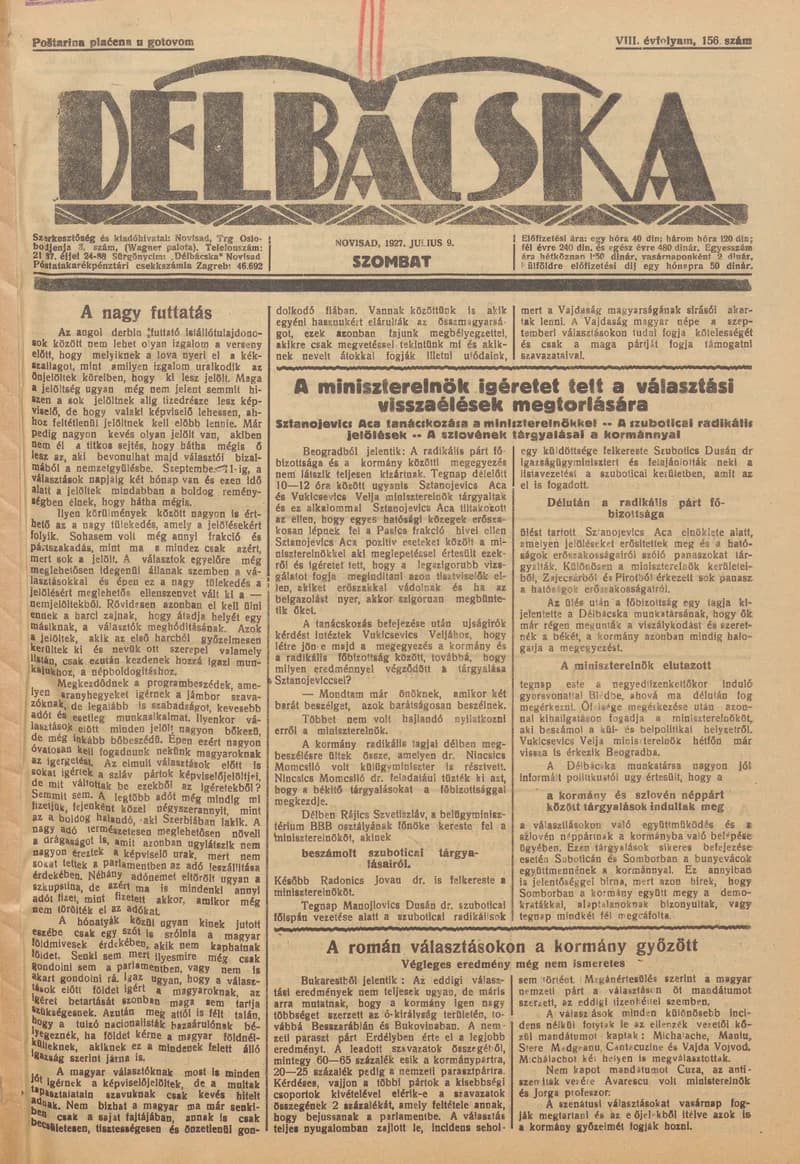 Délbácska, 8. évf. 1927. július 9. 156. sz.