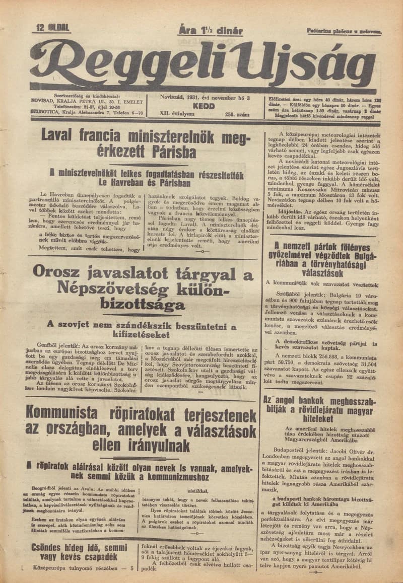 Reggeli Újság, 12. évf. 1931. november 3. 258. sz.