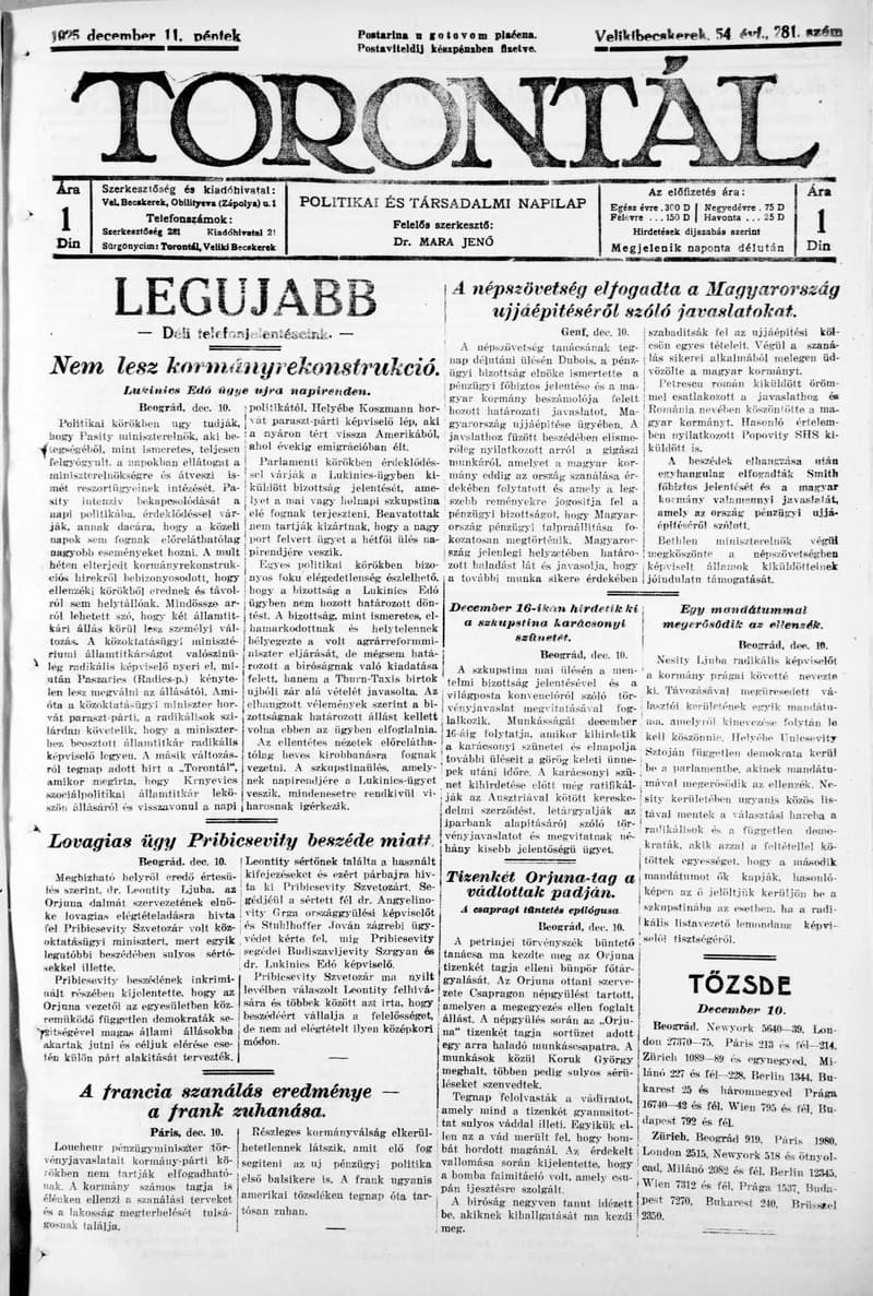 Torontál, 54. évf. 1925. december 11. 281. sz.
