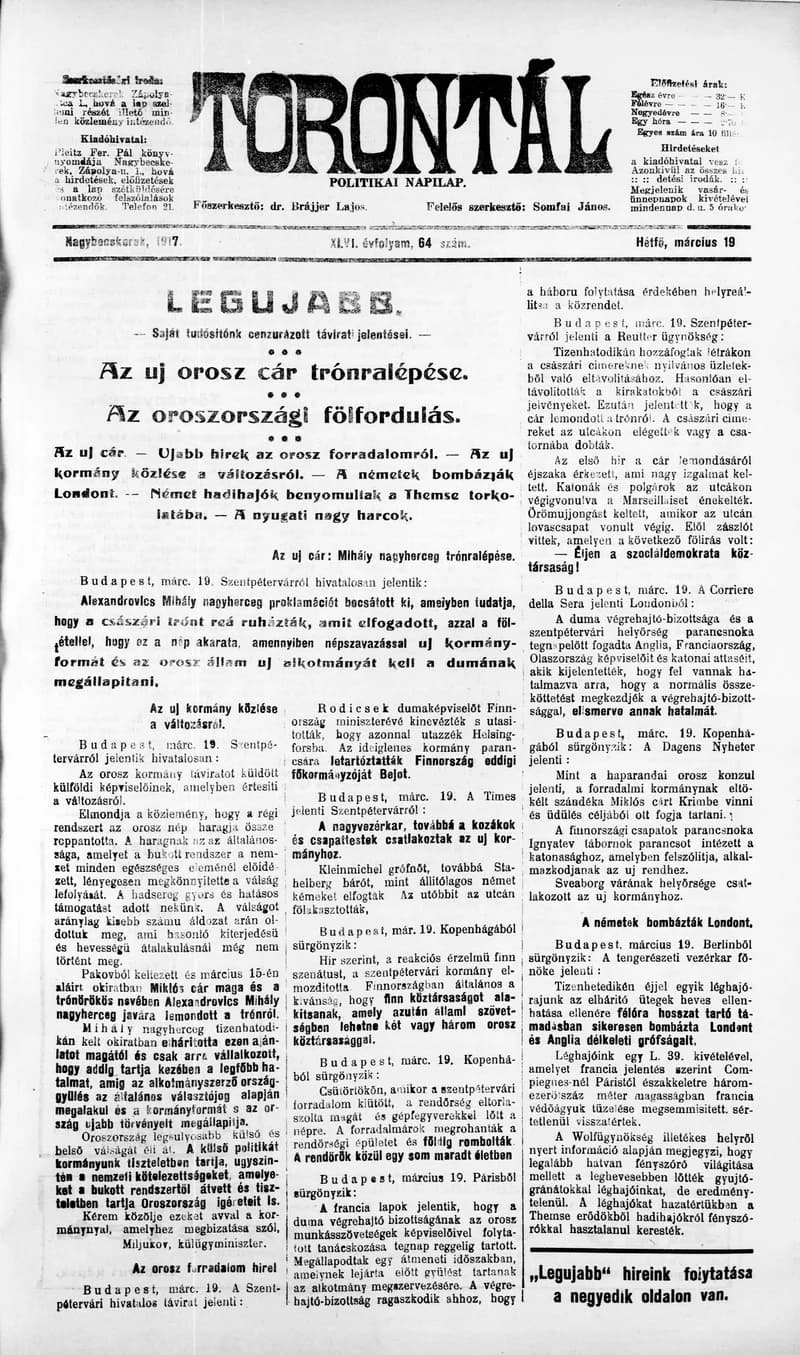 Torontál, 46. évf. 1917. március 19. 64. sz.