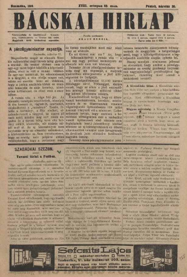 Bácskai Hirlap, 18. évf. 1914. március 20. 65. sz.