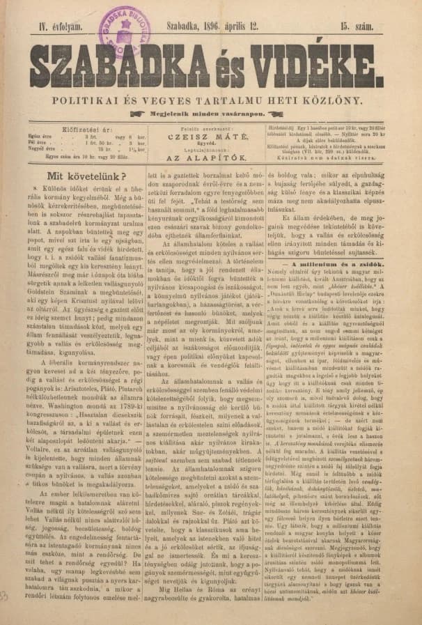 Szabadka és vidéke II, 4. évf. 1896. április 12. 15. sz.