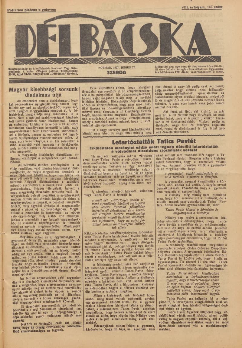 Délbácska, 8. évf. 1927. június 22. 142. sz.