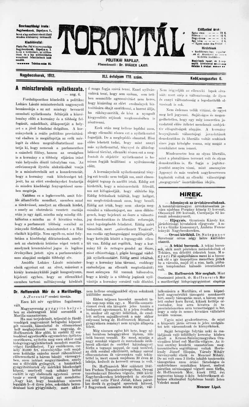 Torontál, 41. évf. 1912. augusztus 6. 178. sz.