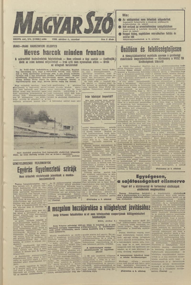 Magyar Szó, 37. évf. 1980. október 4. 274. sz. 1–20. oldal