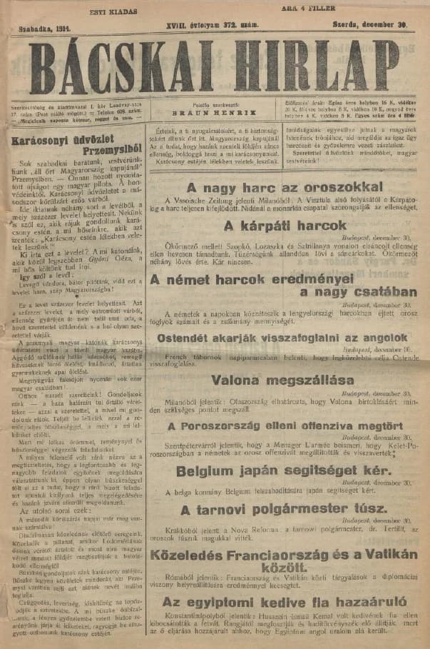 Bácskai Hirlap, 18. évf. 1914. december 30. 372. sz.