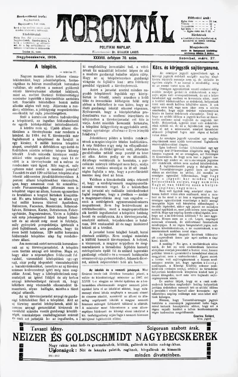 Torontál, 38. évf. 1909. március 27. 70. sz.