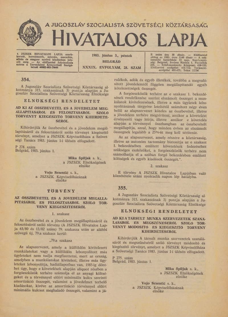 A Jugoszláv Szocialista Szövetségi Köztársaság Hivatalos Lapja, 39. évf. 1983. június 3. 28. sz. 845–860. oldal