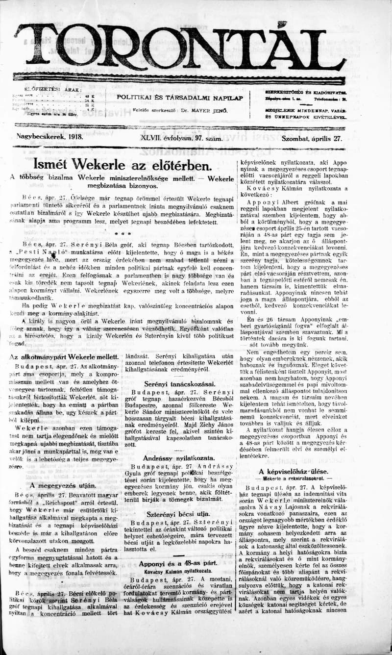 Torontál, 47. évf. 1918. április 27. 97. sz.