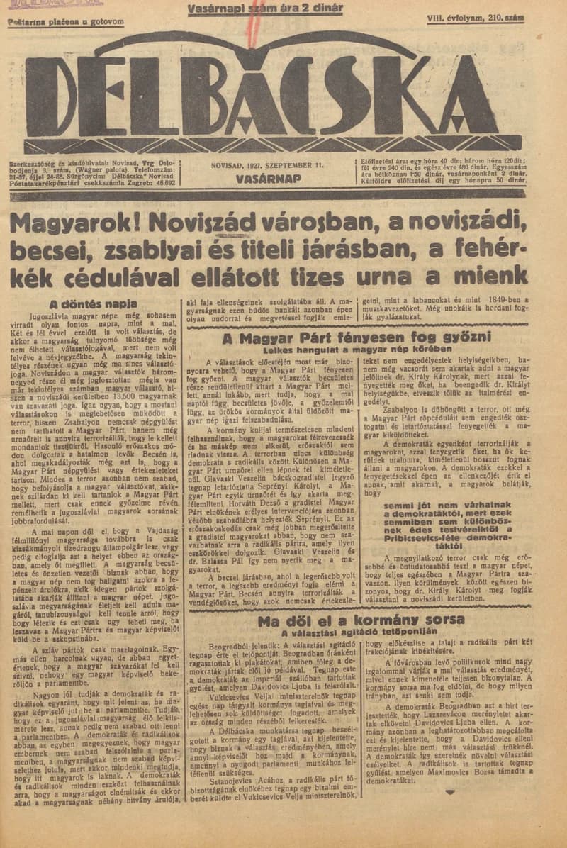 Délbácska, 8. évf. 1927. szeptember 11. 210. sz.