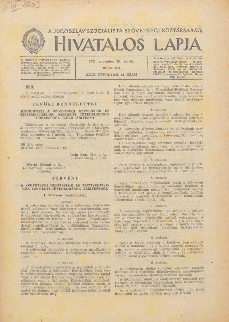 A Jugoszláv Szocialista Szövetségi Köztársaság Hivatalos Lapja, 29. évf. 1973. november 28. 64. sz. 1801–1820. oldal