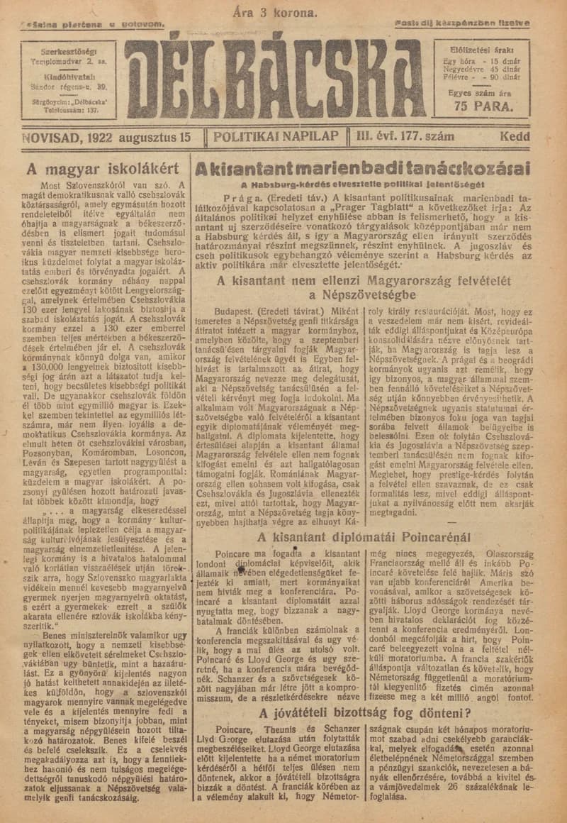 Délbácska, 3. évf. 1922. augusztus 15. 177. sz.