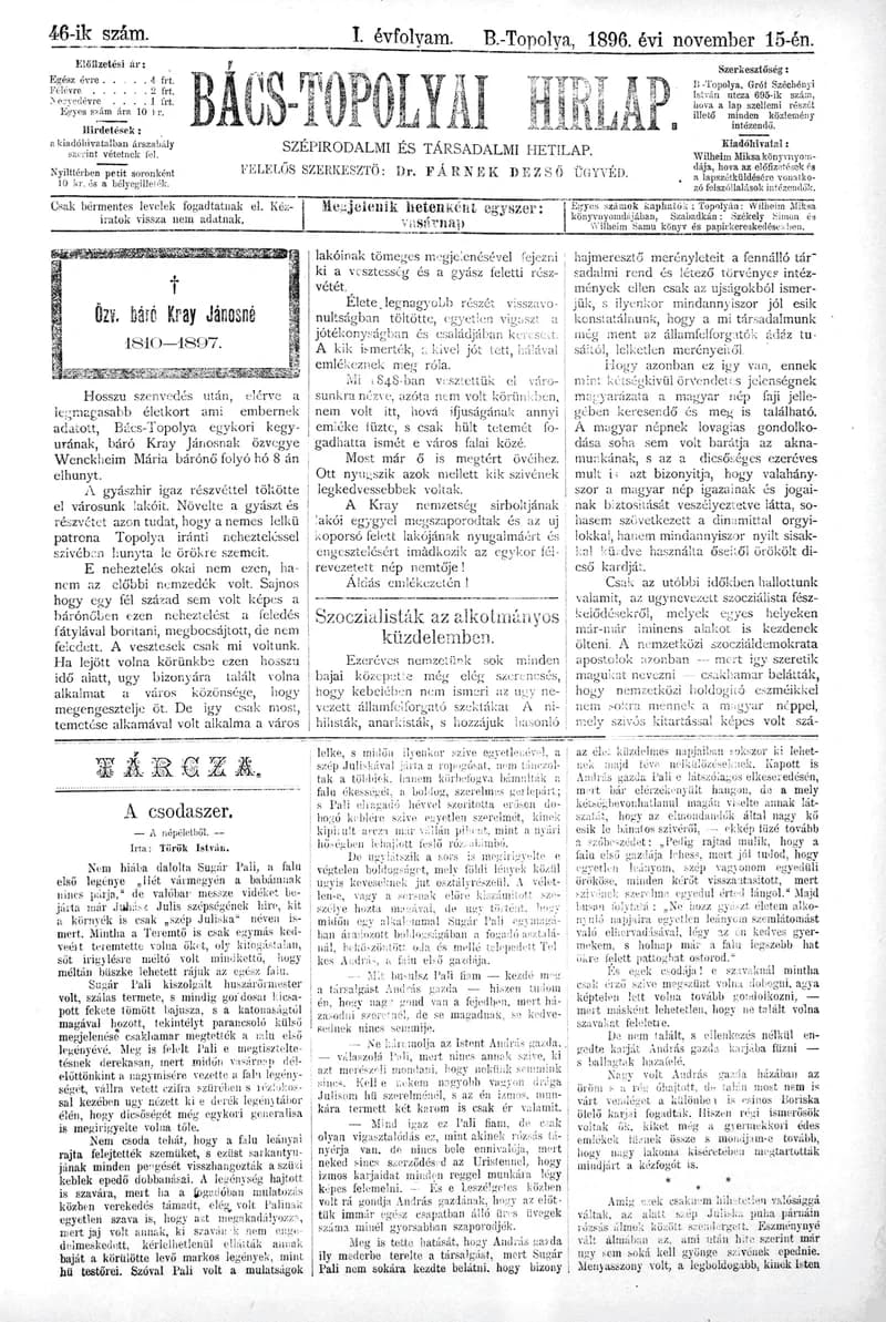 Bács-Topolyai Hirlap, 1. évf. 1896. november 15. 46. sz.