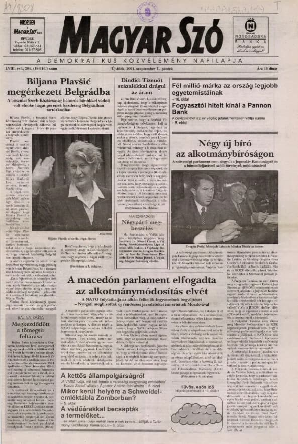 Magyar Szó, 58. évf. 2001. szeptember 7. 204. sz. 1–16. oldal