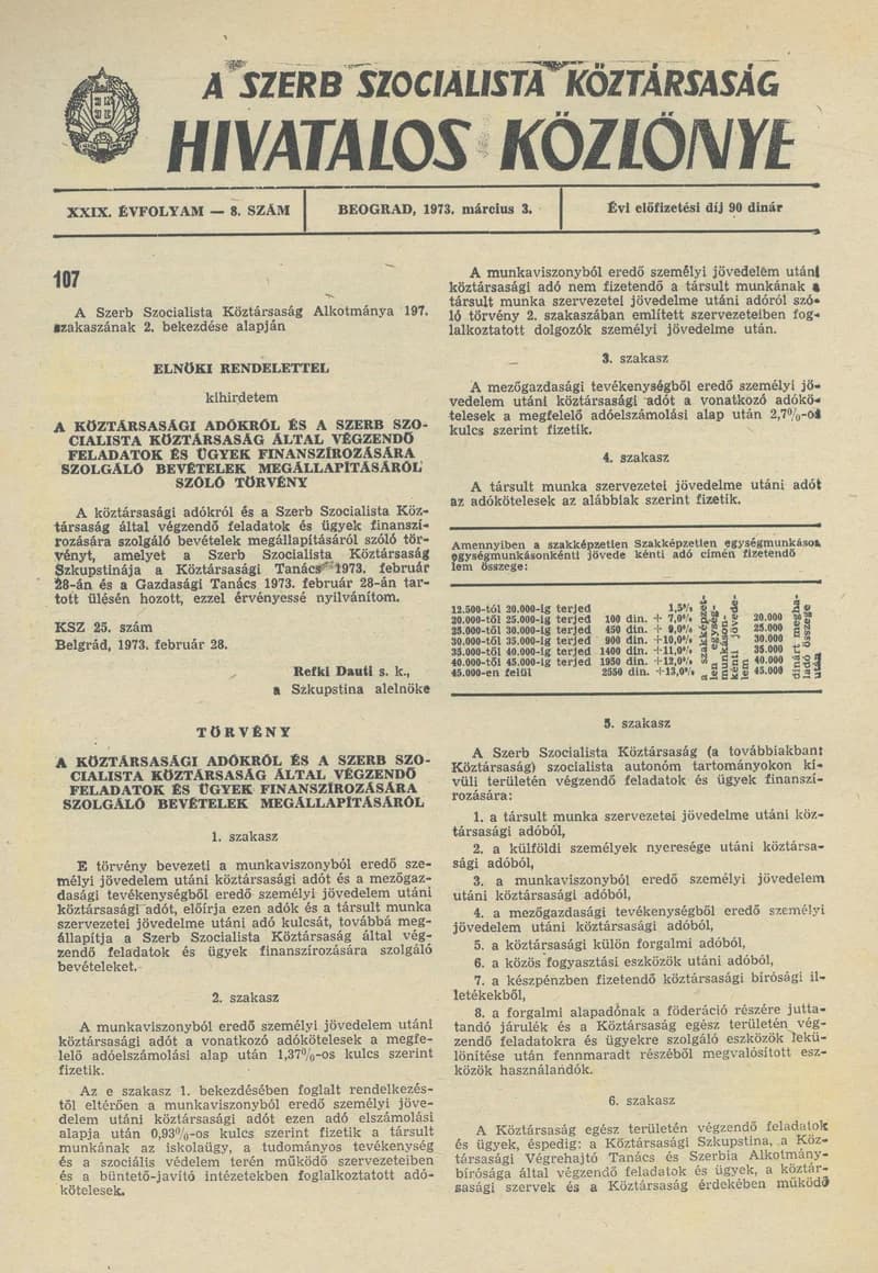 A Szerb Szocialista Köztársaság Hivatalos Közlönye, 29. évf. 1973. március 3. 8. sz. 273–280. oldal