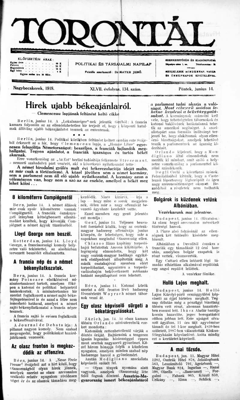 Torontál, 47. évf. 1918. június 14. 134. sz.