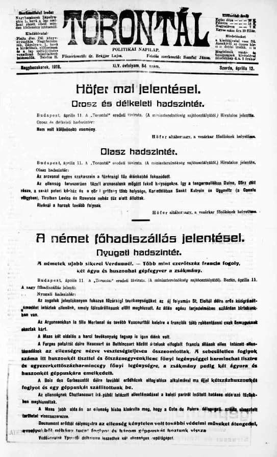 Torontál, 45. évf. 1916. április 12. 84. sz.