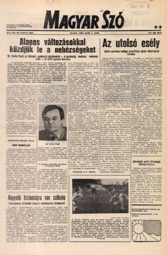 Magyar Szó, 45. évf. 1988. április 4. 93. sz. 1–20. oldal