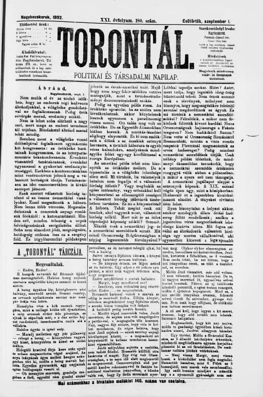Torontál, 21. évf. 1892. szeptember 1. 180. sz.