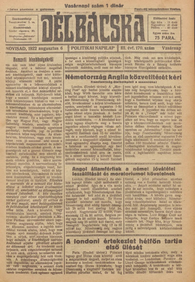 Délbácska, 3. évf. 1922. augusztus 6. 170. sz.