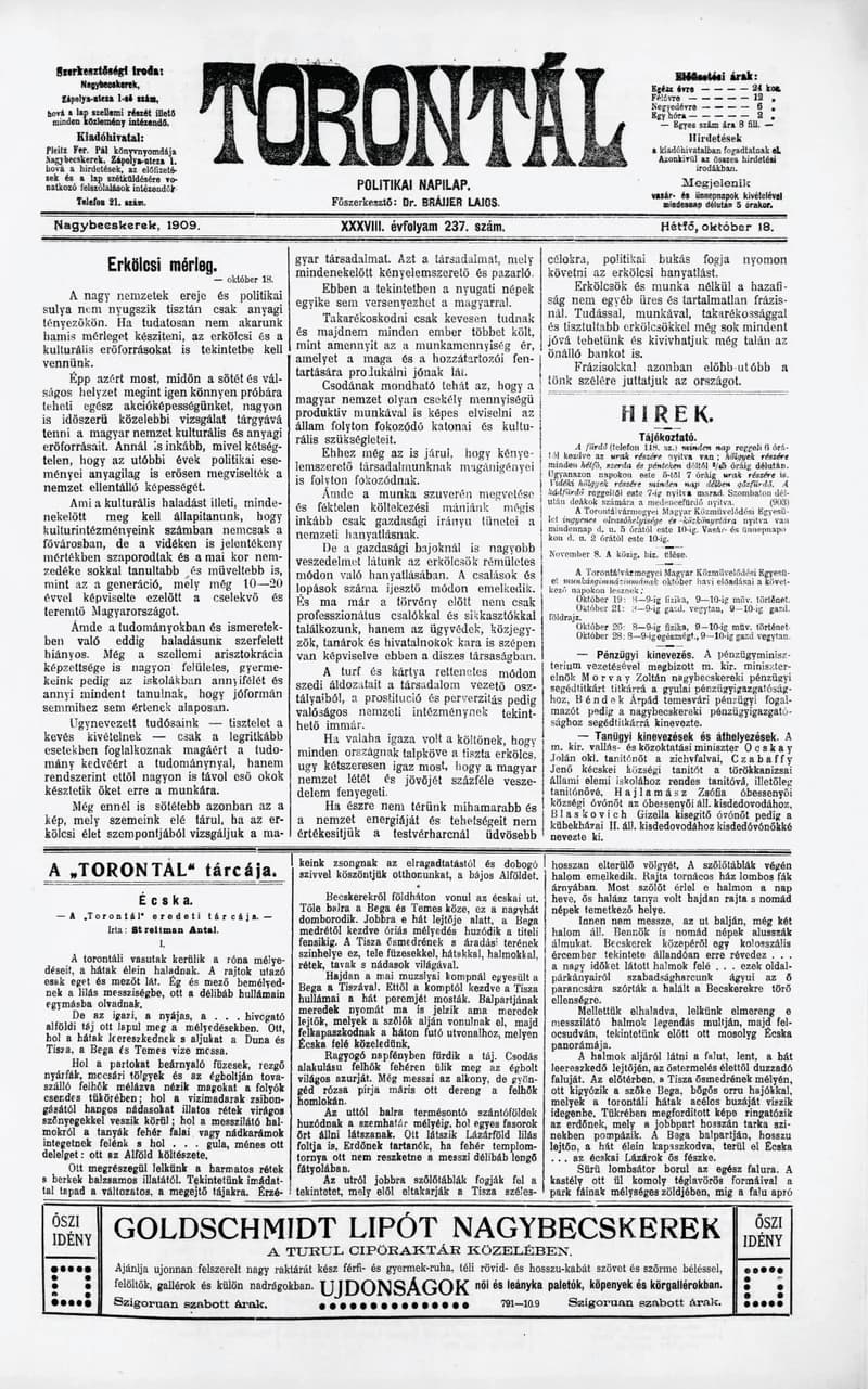 Torontál, 38. évf. 1909. október 18. 237. sz.