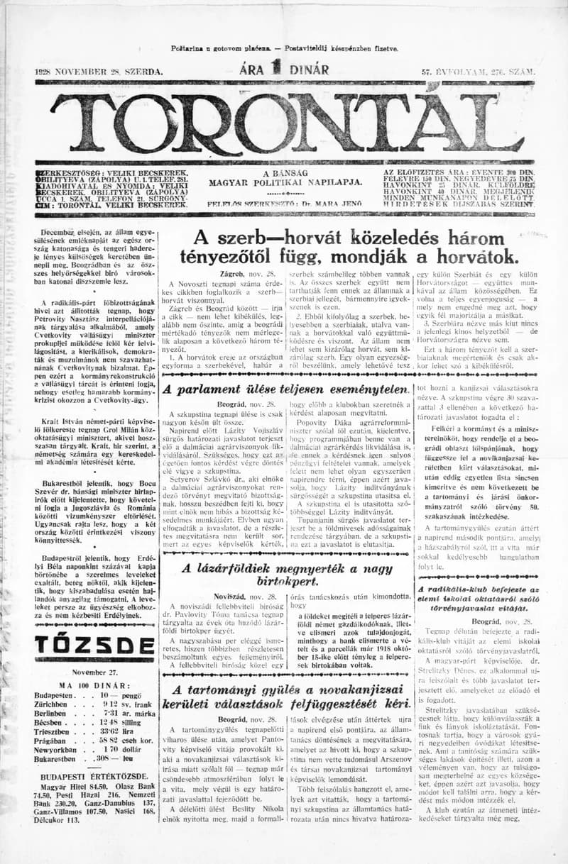 Torontál, 57. évf. 1928. november 28. 276. sz.