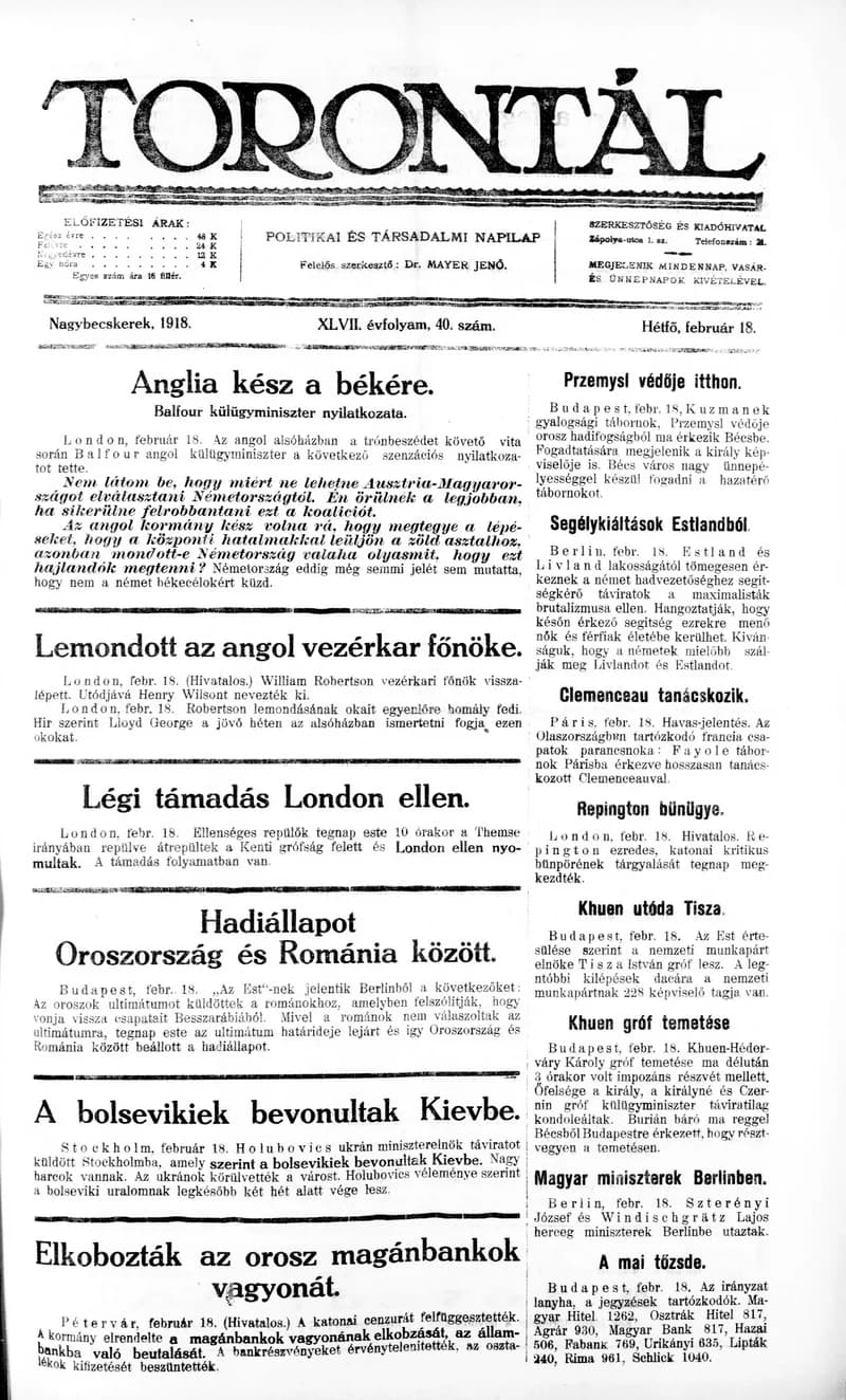 Torontál, 47. évf. 1918. február 18. 40. sz.