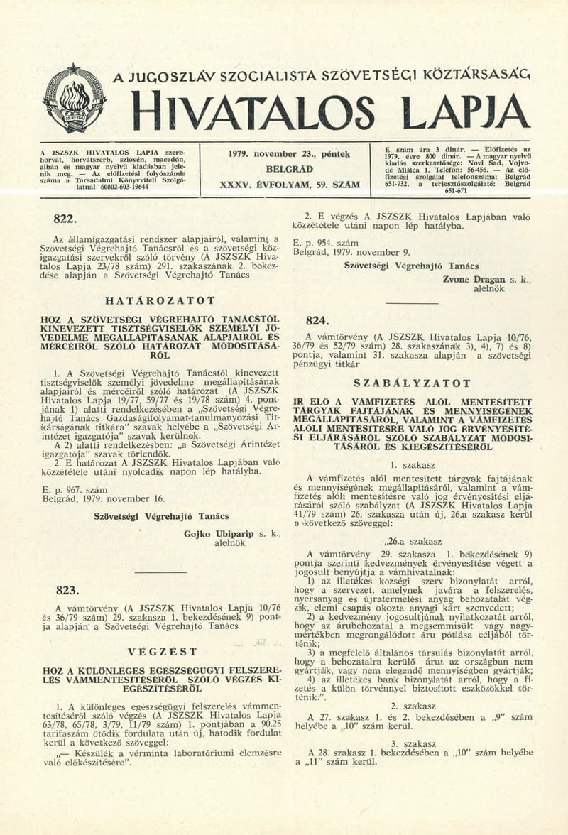 A Jugoszláv Szocialista Szövetségi Köztársaság Hivatalos Lapja, 35. évf. 1979. november 23. 59. sz. 1769–1776. oldal