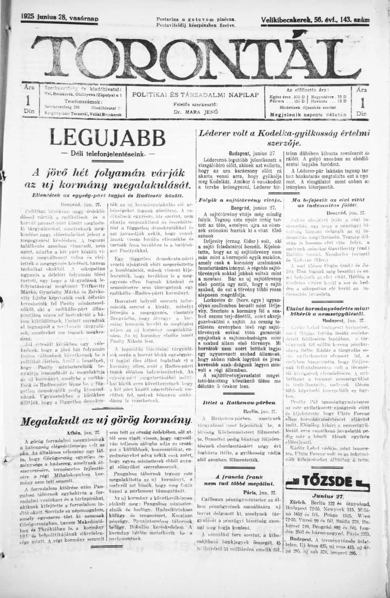 Torontál, 54. évf. 1925. június 28. 143. sz.
