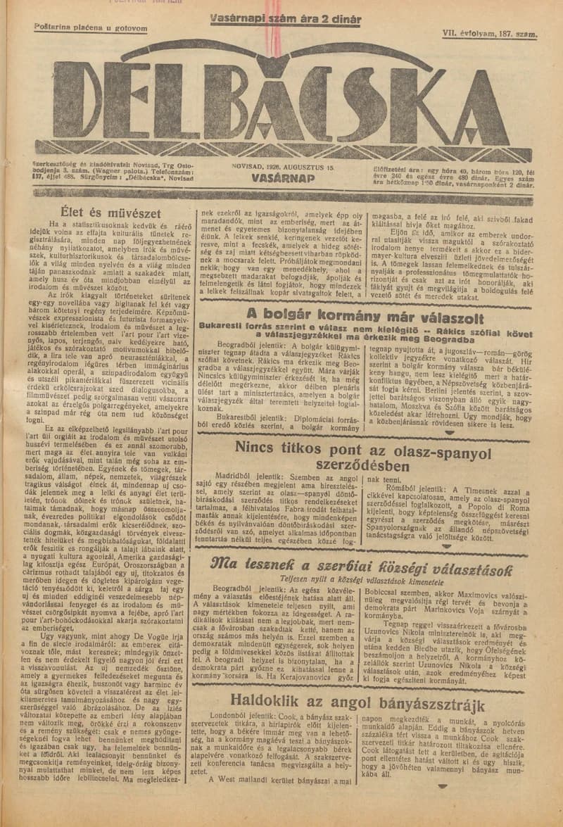 Délbácska, 7. évf. 1926. augusztus 15. 187. sz.