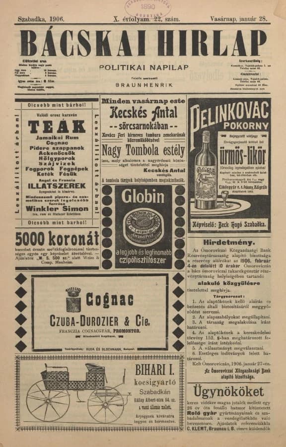 Bácskai Hirlap, 10. évf. 1906. január 28. 22. sz.