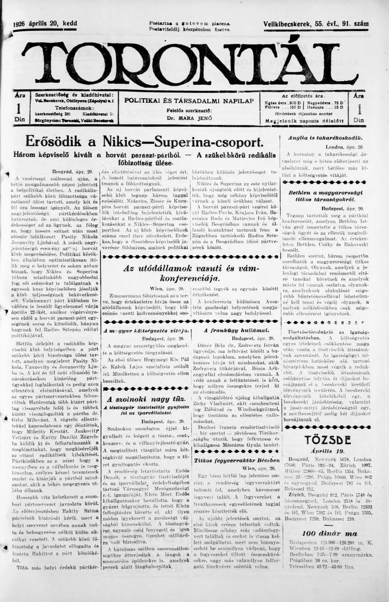 Torontál, 55. évf. 1926. április 20. 91. sz.