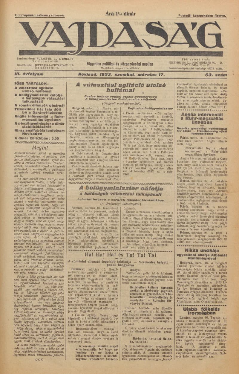 Vajdaság, 3. évf. 1923. március 17. 63. sz.