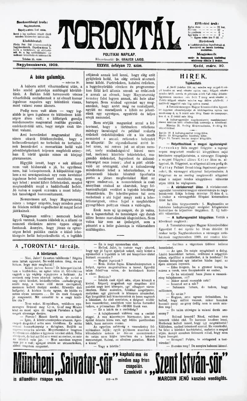 Torontál, 38. évf. 1909. március 30. 72. sz.
