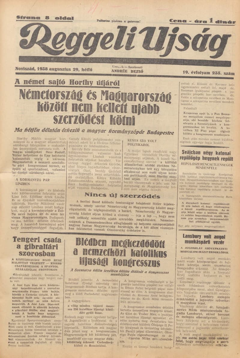 Reggeli Újság, 19. évf. 1938. augusztus 29. 235. sz.