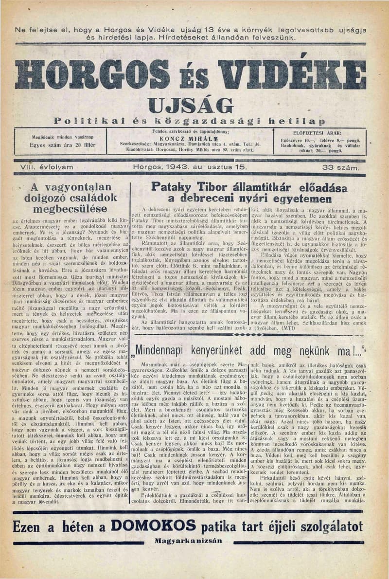Horgos és vidéke, 8. évf. 1943. augusztus 15. 33. sz.