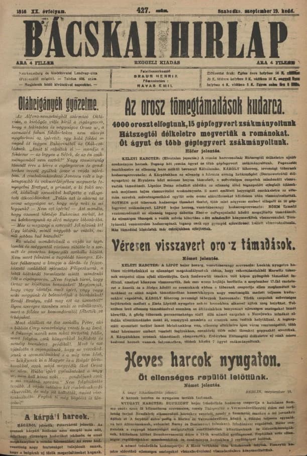 Bácskai Hirlap, 20. évf. 1916. szeptember 19. 427. sz.