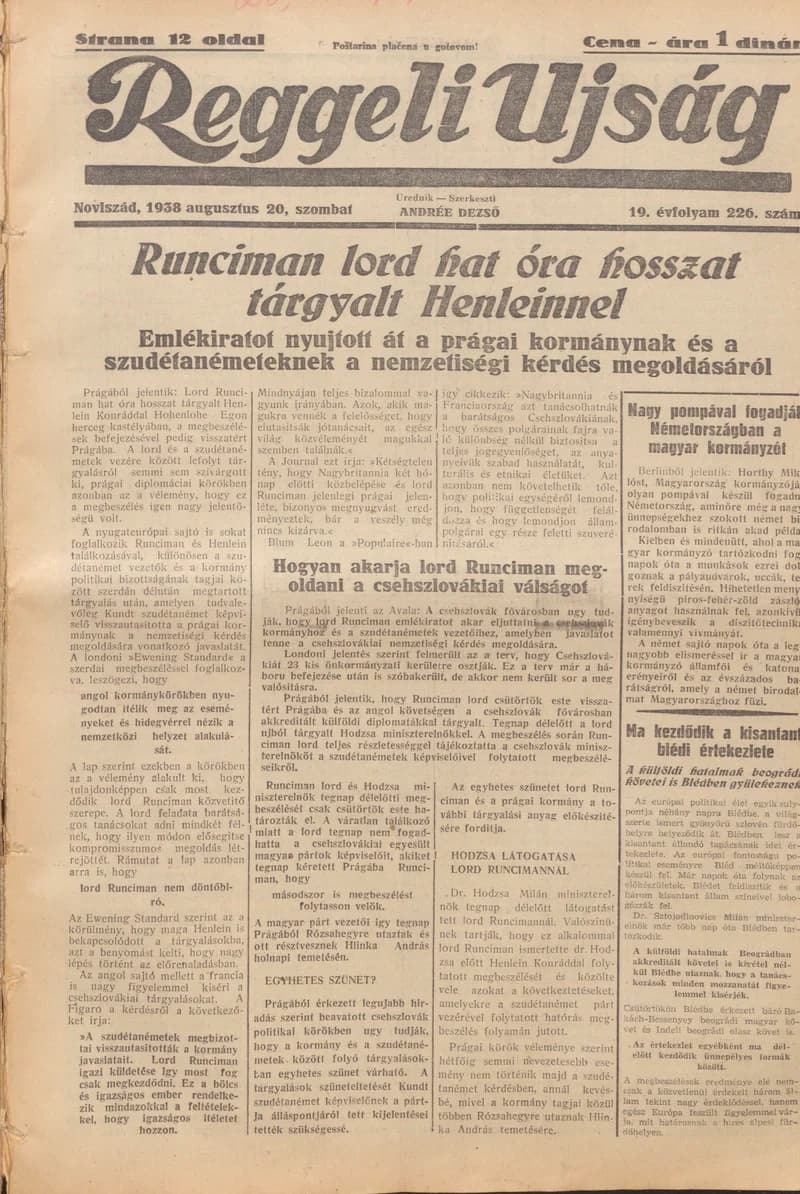 Reggeli Újság, 19. évf. 1938. augusztus 20. 226. sz.