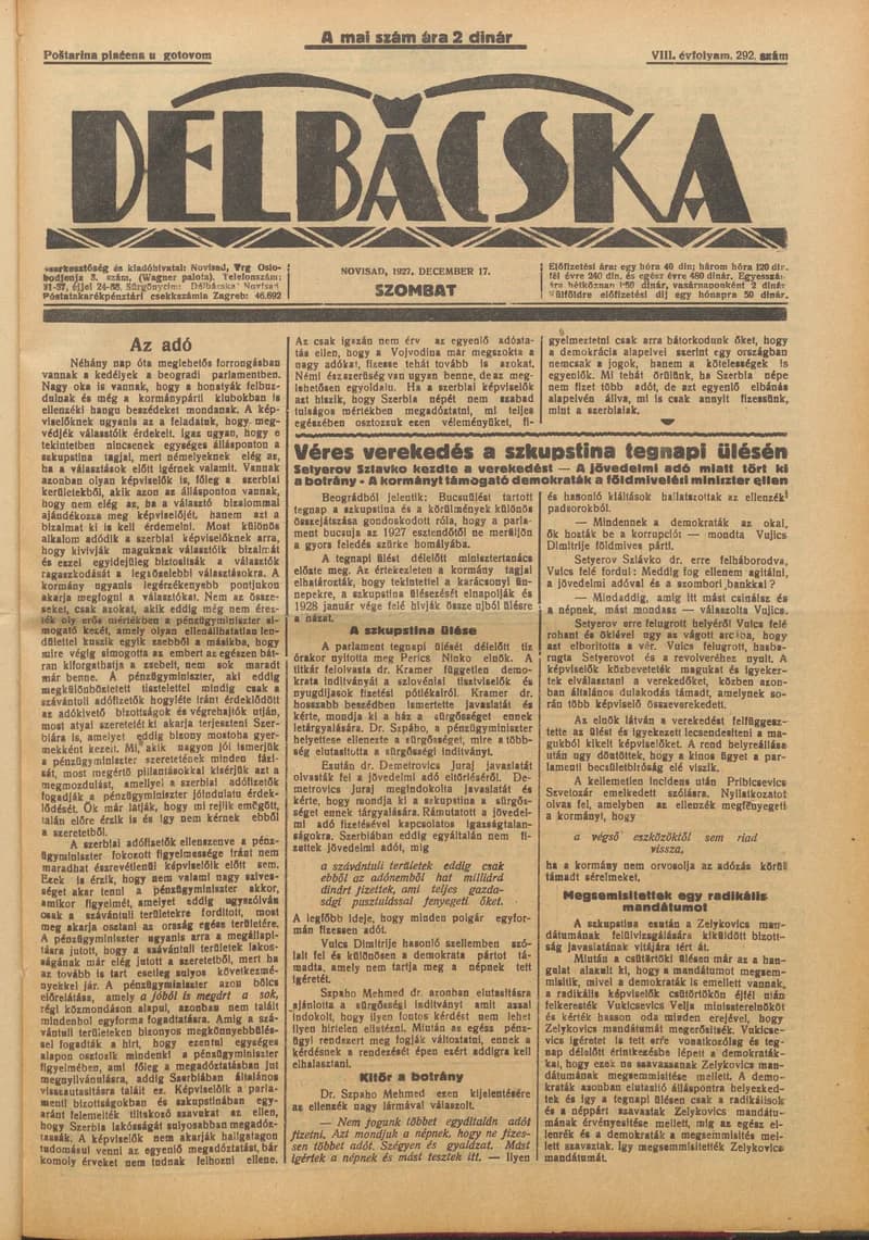 Délbácska, 8. évf. 1927. december 17. 292. sz.