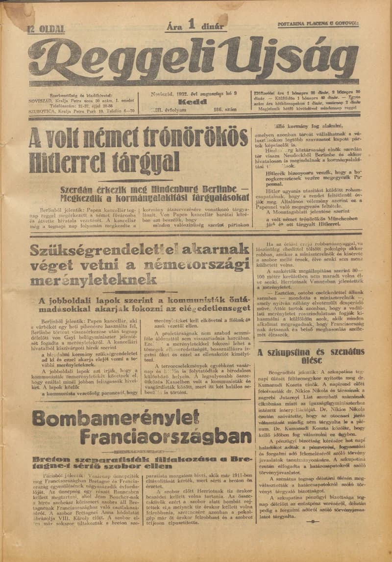 Reggeli Újság, 13. évf. 1930. augusztus 9. 186. sz.