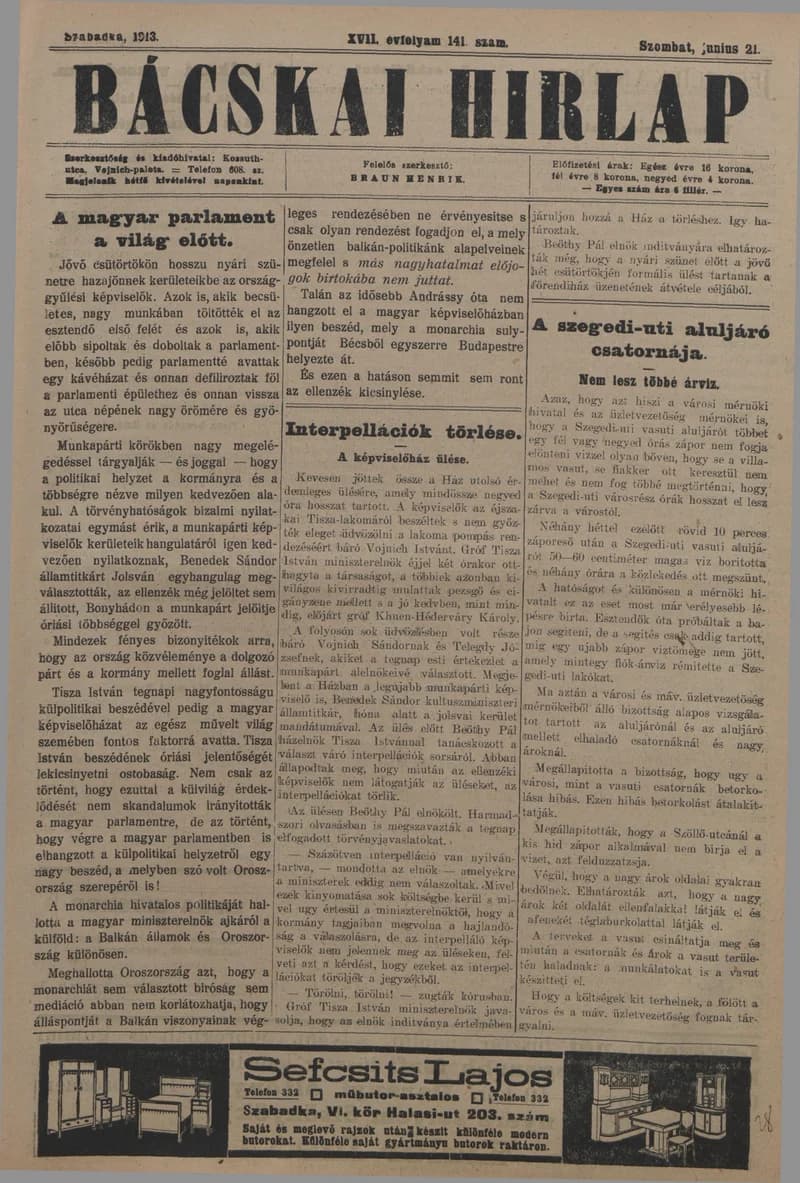 Bácskai Hirlap, 17. évf. 1913. június 21. 141. sz.