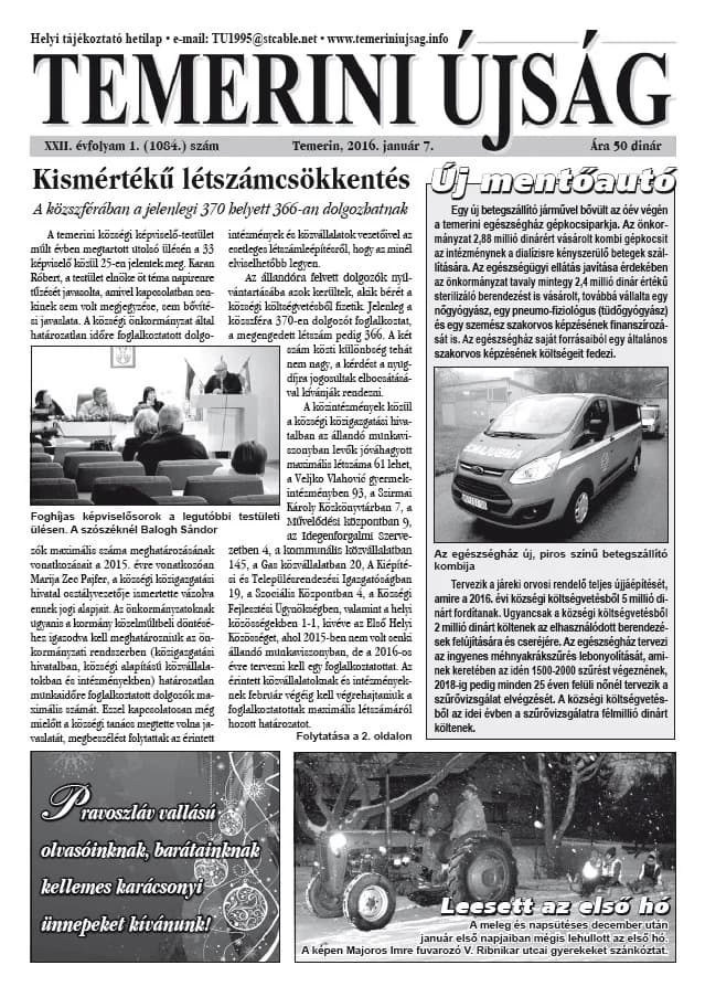 Temerini Újság, 22. évf. 2016. január 7. 1. sz.